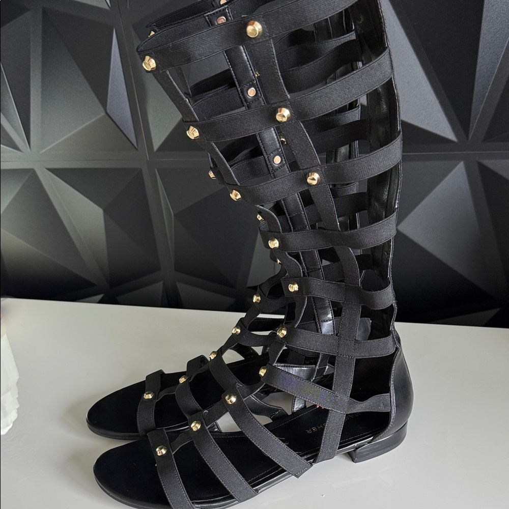 Marc Fisher Black Gladiator Sandals with Gold Studs